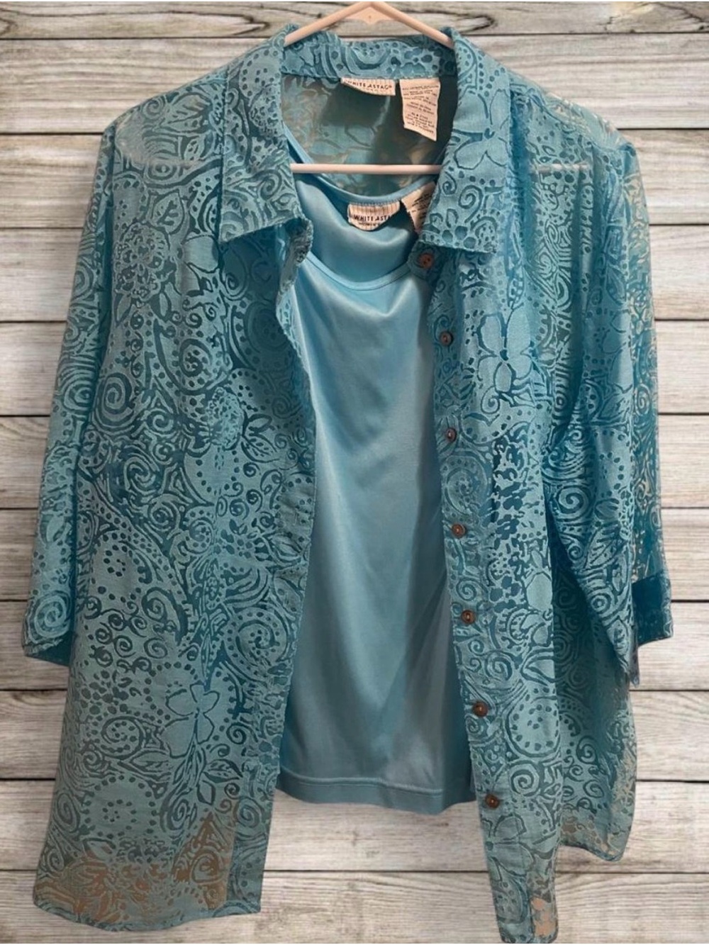 White Stag Teal Blue Lace-Pattern Button Front Shirt with Tank